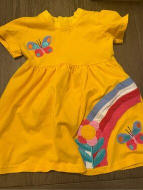 Bumeex Bright Yellow Girls Casual Butterfly & Rainbow Dress Sz 5Y - 100% cotton